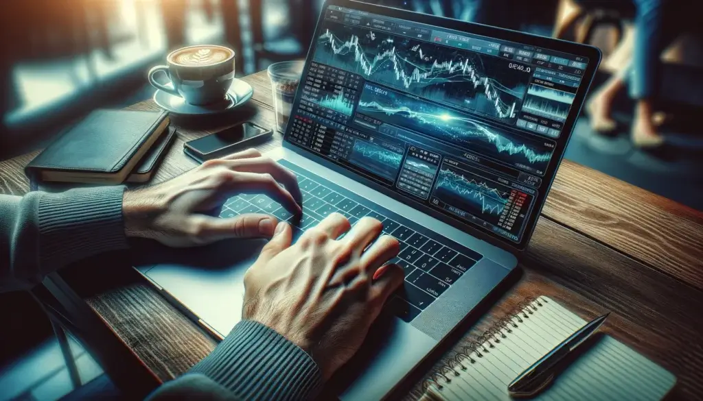 Close-up of hands working a laptop displaying currency pairs and Forex data in a cafe. Coffee and notebook suggest a mobile trading lifestyle.