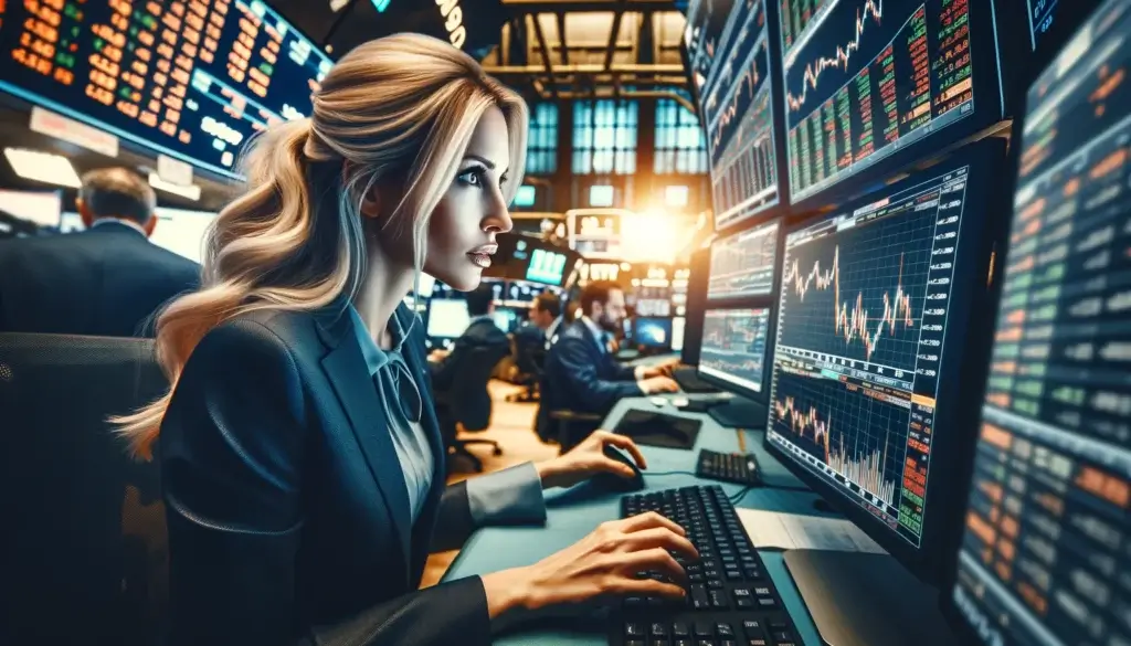 Confident woman in business attire trades stocks on a busy exchange floor, highlighting the fast-paced world of finance.