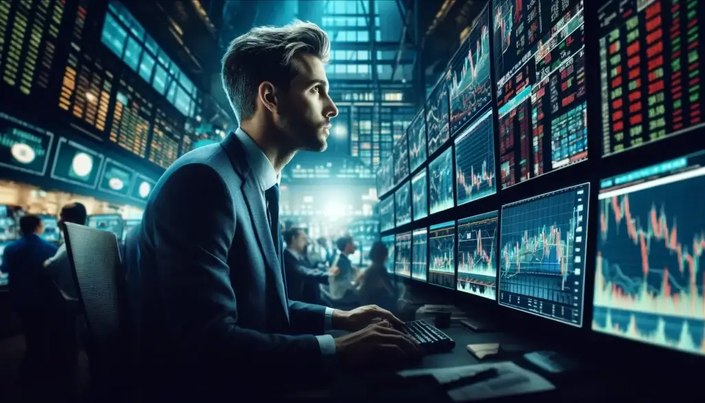 Male trader in suit analyzes stock charts on a busy exchange floor, depicting the intense and data-driven world of finance.