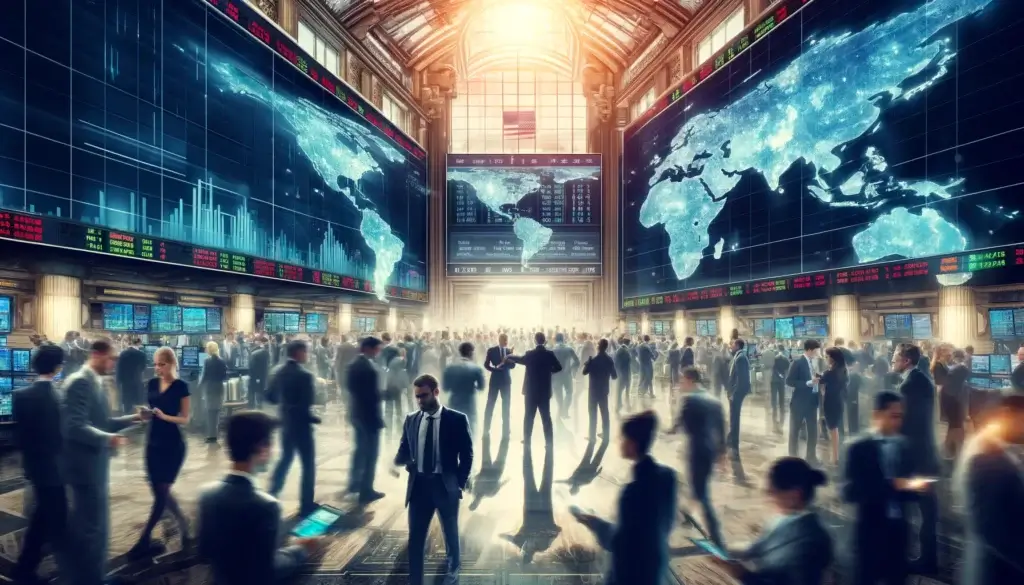 Illustrating the high-energy world of stock trading. Traders work on a bustling exchange floor with digital displays showing global financial data.