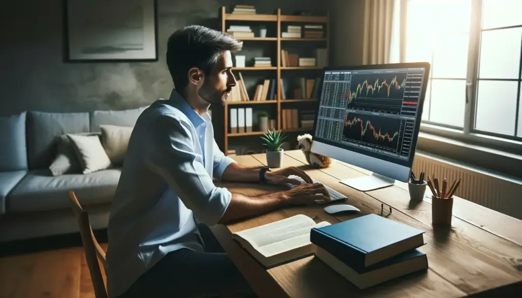 Why Forex Trading Man learning forex at home. He analyzes charts and data on his computer 