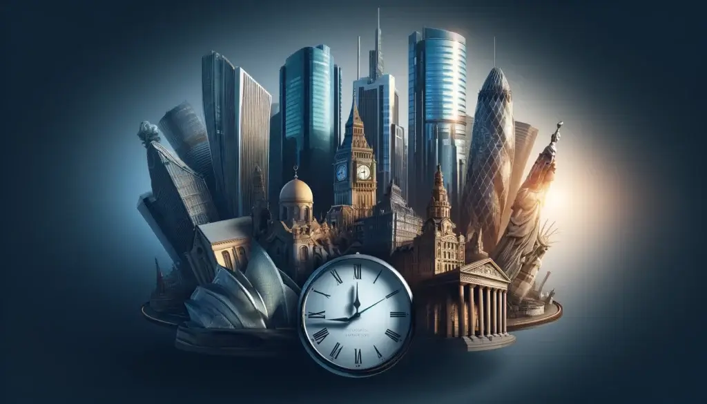 City financial districts blended with a clock, symbolizing Forex trading Sessions.