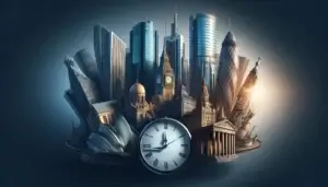 City financial districts blended with a clock, symbolizing Forex trading Sessions.