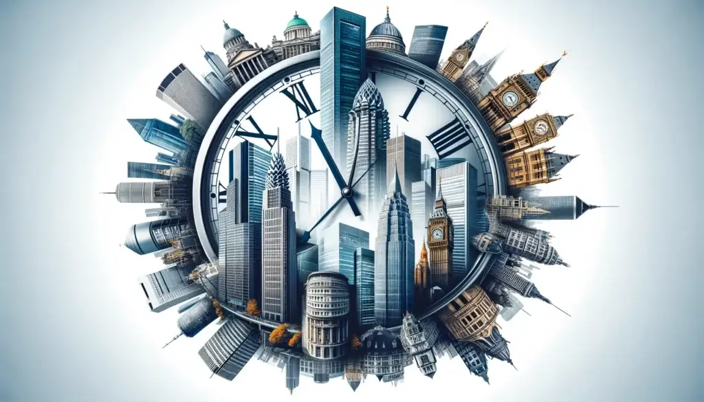 Cityscapes & clock: Global financial centers with central timepiece.