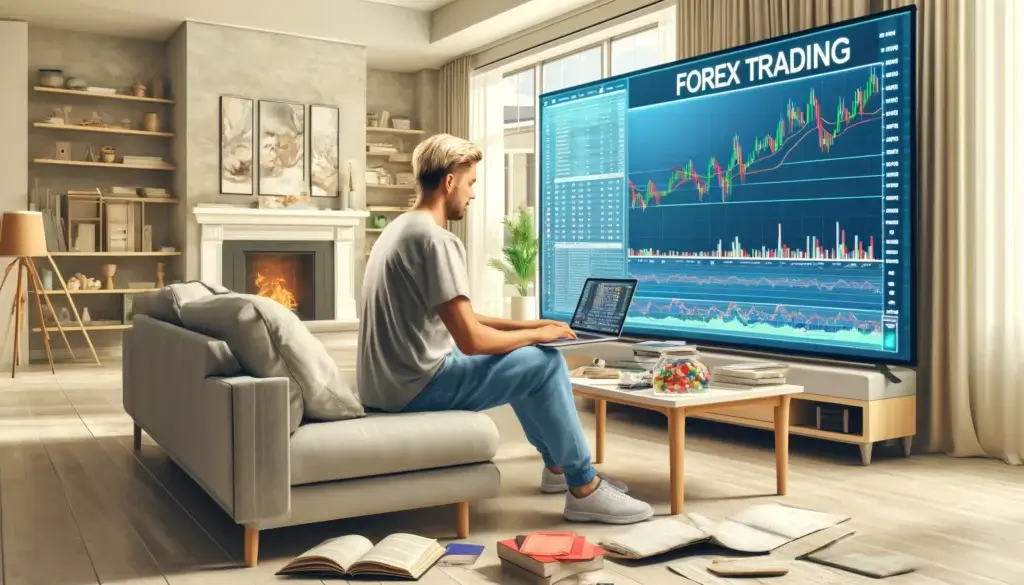  Man learns forex trading at home, surrounded by charts and notes, driven by dedication.