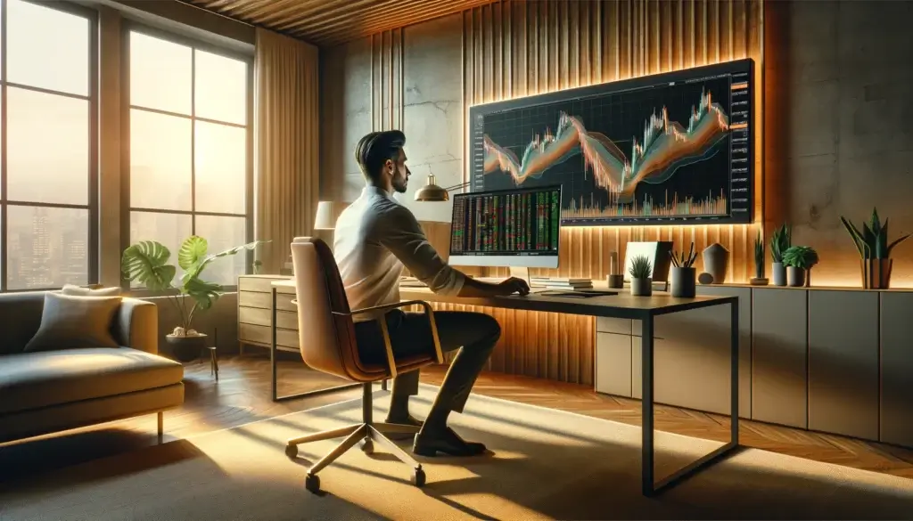 A man is trading Forex in a bright warm home office