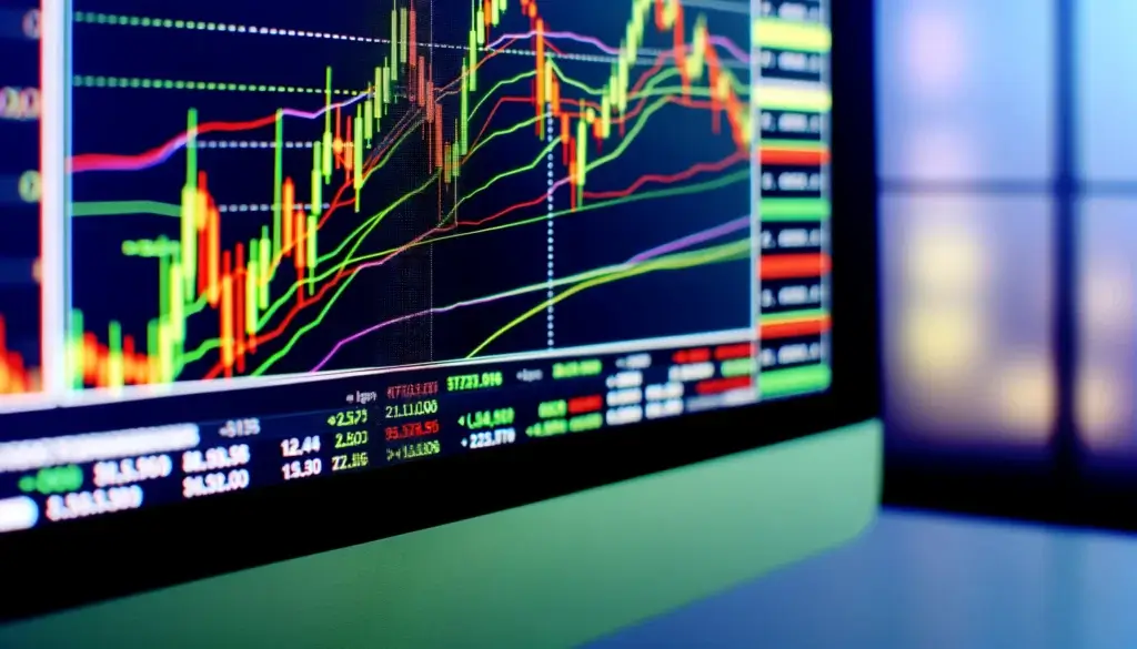  Close-up computer monitor displaying a colorful  Forex trading chart. 