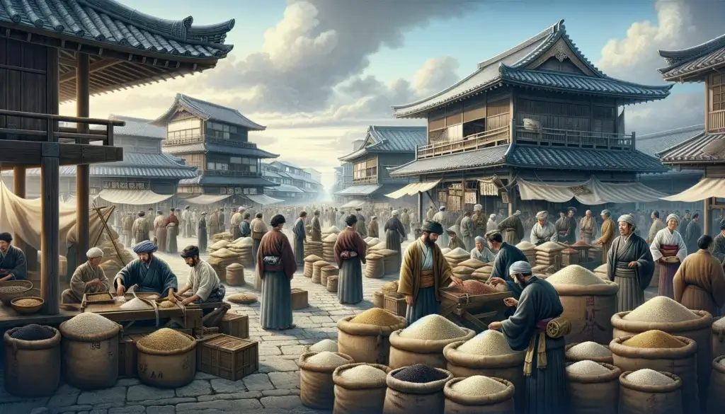 Merchants in traditional attire buy and sell rice in 1700