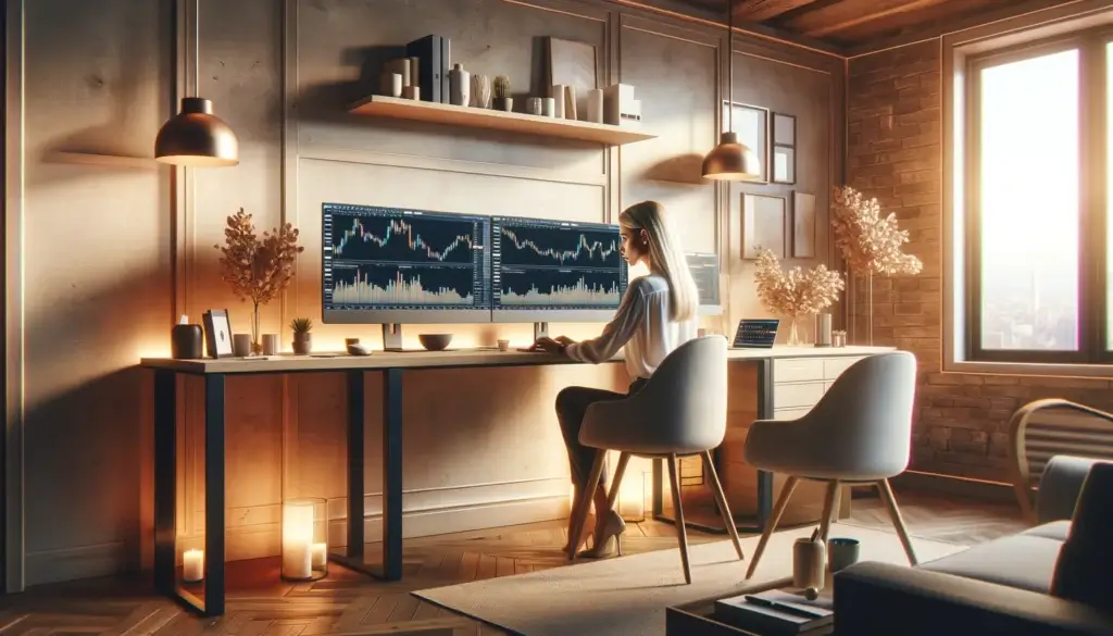 Blonde Woman Trading Forex in a Stylish and Inviting Office Setting