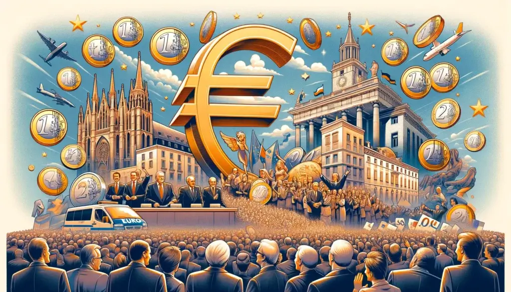 Euro currency in 1999, highlighting this monumental event in the financial history of European countries