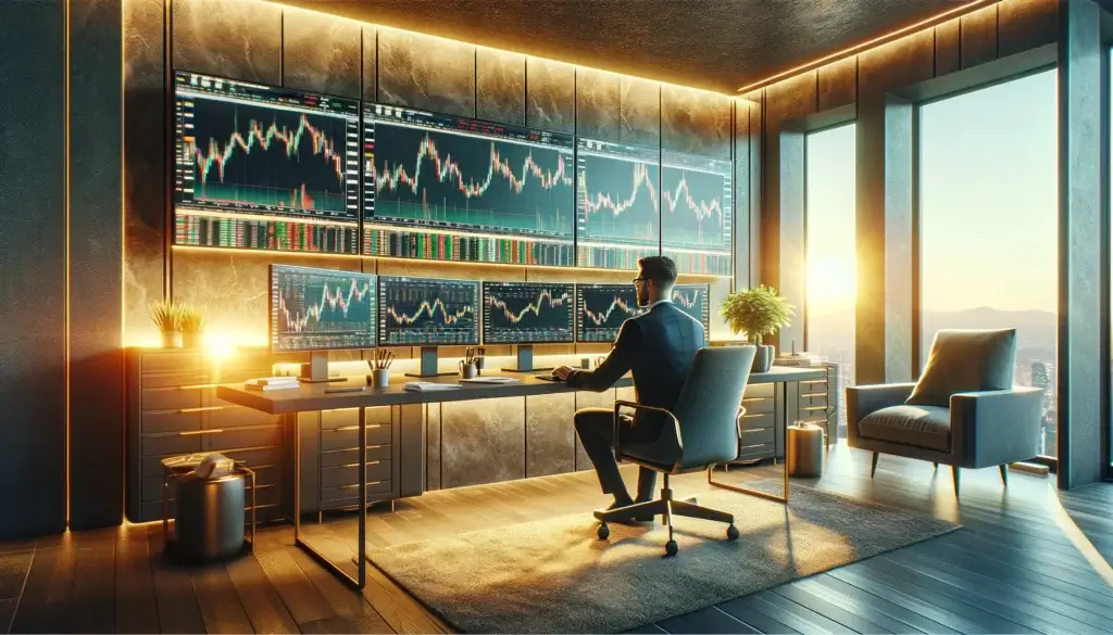 Man Engaged in Day Trading Basics  Amidst Modern Office