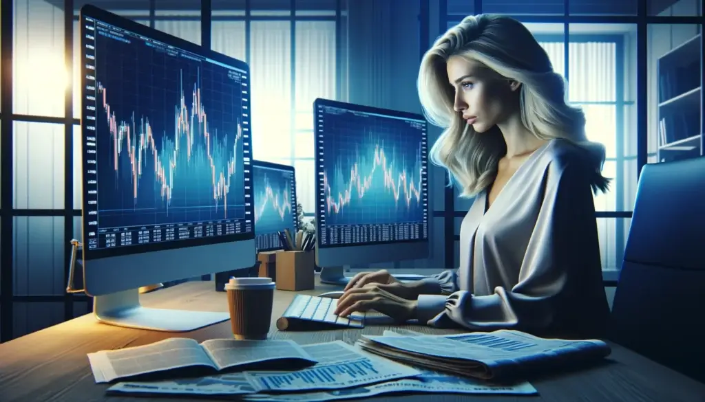 woman  trading Forex behind a desk at home