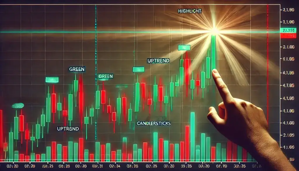 Charts green candlesticks with long wicks for uptrend movements and red candlesticks for downtrend movements.